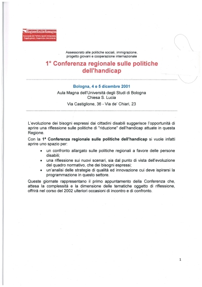 Cover  1° Conferenza regionale sulle politiche dell'handicap. Bologna, 4-5 dicembre 2001
