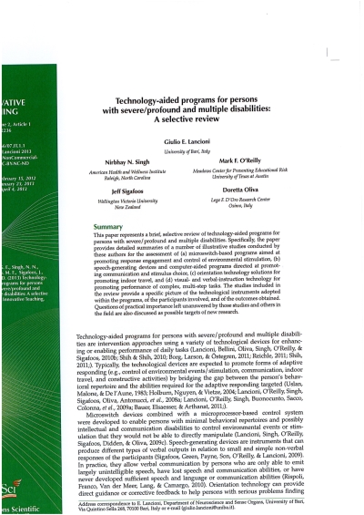 Cover  Technology-aided programs for persons with severe/profound and multiple disabilities : A selective review