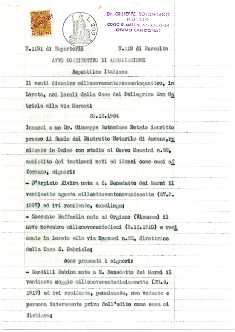 Cover  Atto Costitutivo di Associazione : Lega del Filo d'Oro
