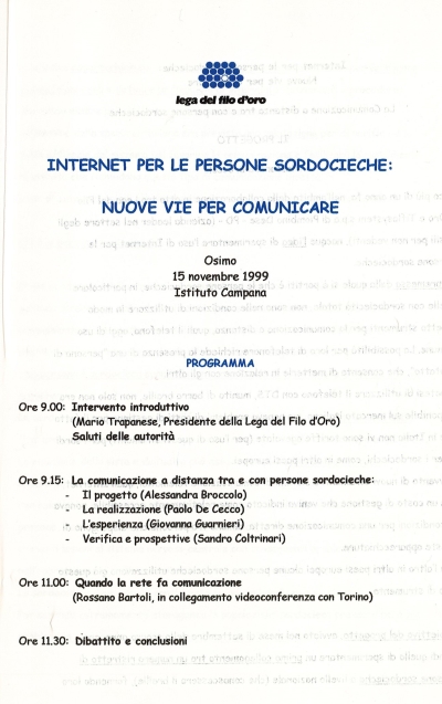 Cover  Internet per le persone sordocieche : nuove vie per comunicare. Osimo 15 novembre, 1999 Istituto Campana