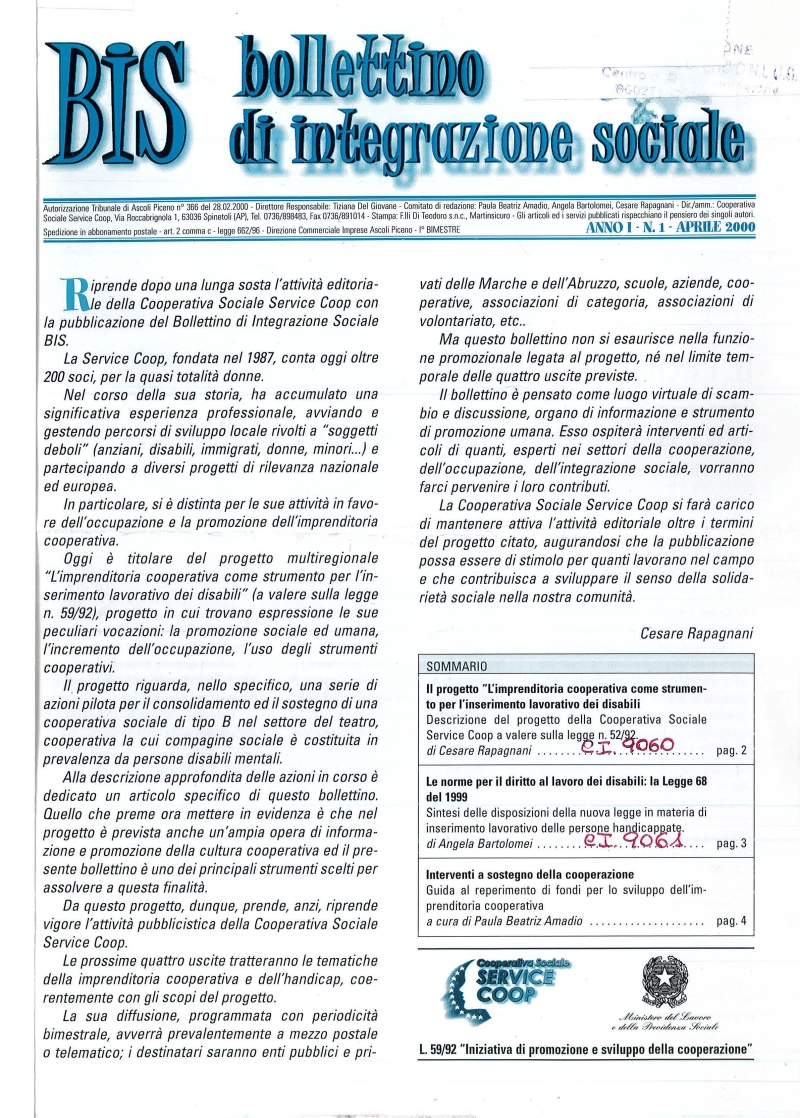 Cover  Il progetto : L'imprenditoria cooperativa come strumento per l'inserimento lavorativo dei disabili